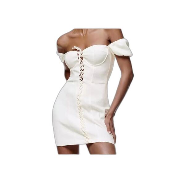 ZARA Off The Shoulder Puff Sleeves Mini Dress With Detail L - Picture 3 of 11